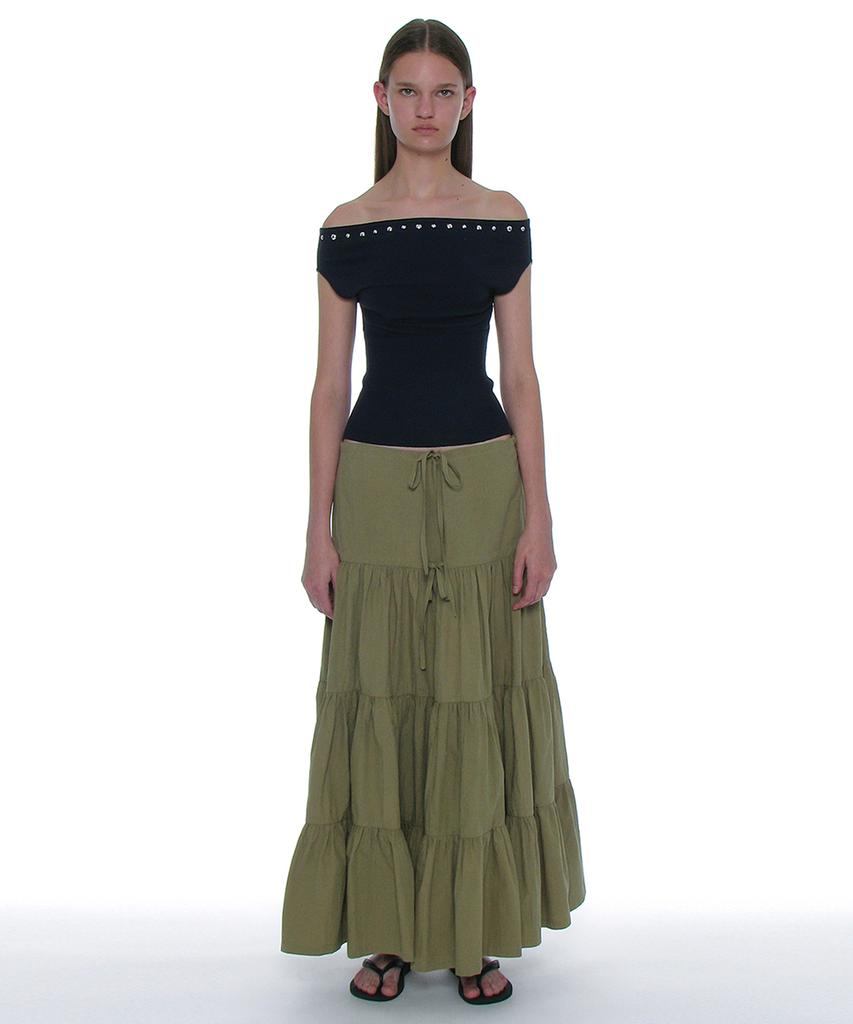 PARTIMENTO WOMEN Studded Off-Shoulder Knit Top_Navy