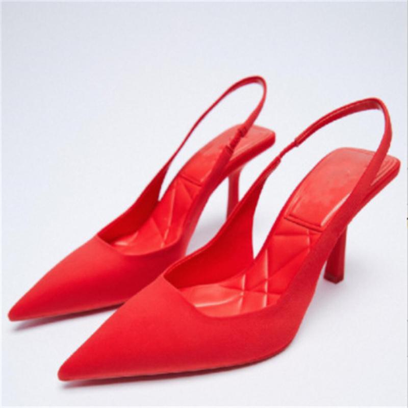 Spring Pointed Toe Stiletto Medium-heel Shoes Back Empty Toe Sandals High-heeled Shoes Green Women Shoes