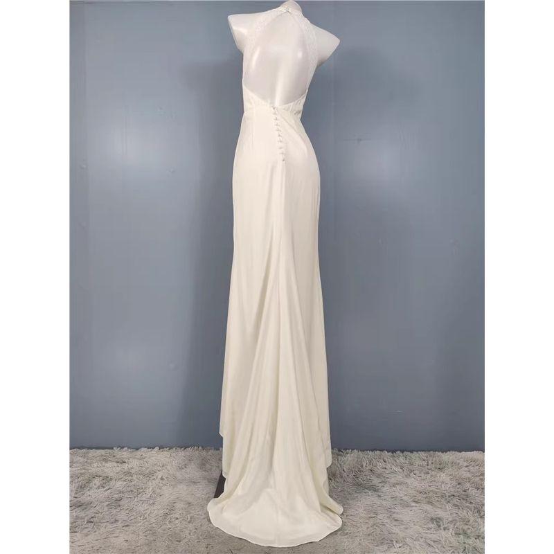 Foreign Trade Slim Fit Slim Lu Hanging Neck Sleeveless High Quality Smooth Fabric Lace Backless Fashion Trailing Dress