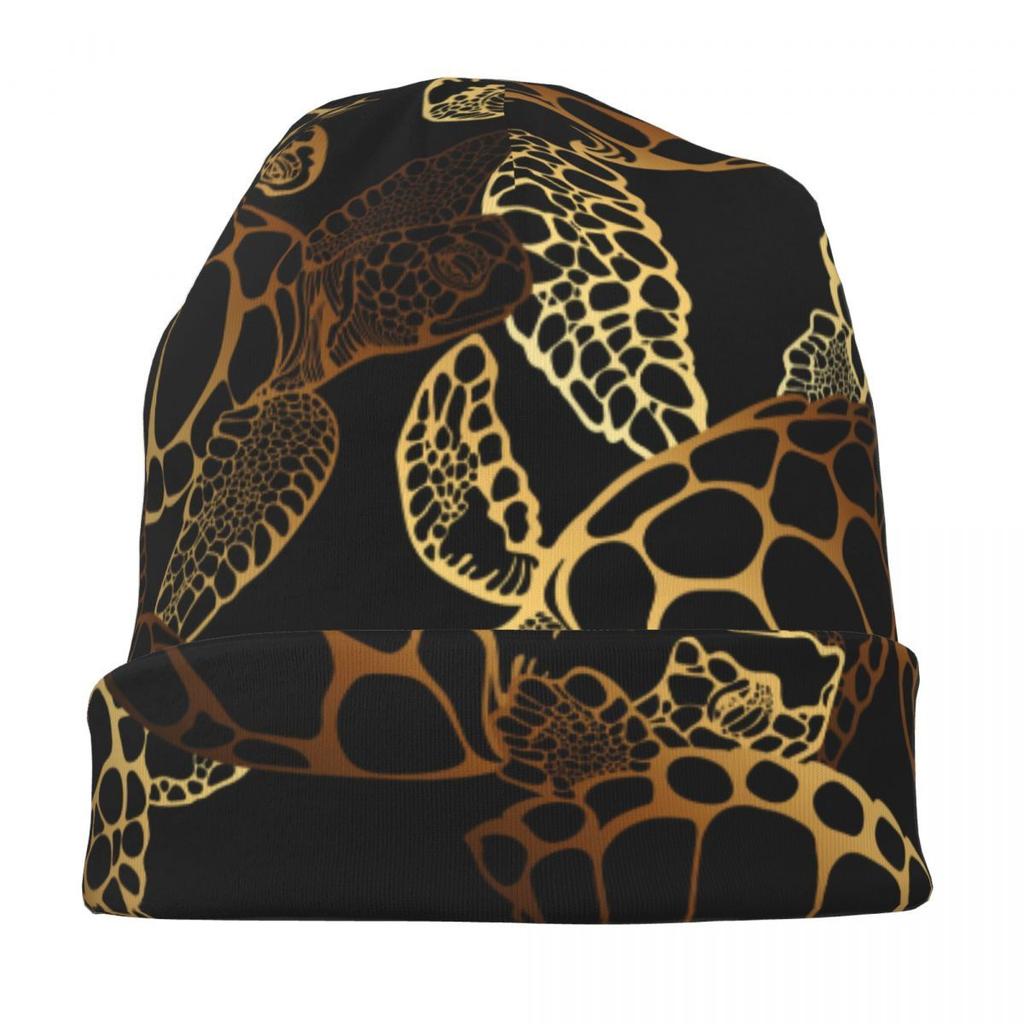 Biihudu Men'S Sea Turtle & Jellyfish Stretchy Beanie Hat - Lightweight Black & Golden Cartoon Marine Design, Hand Washable For C