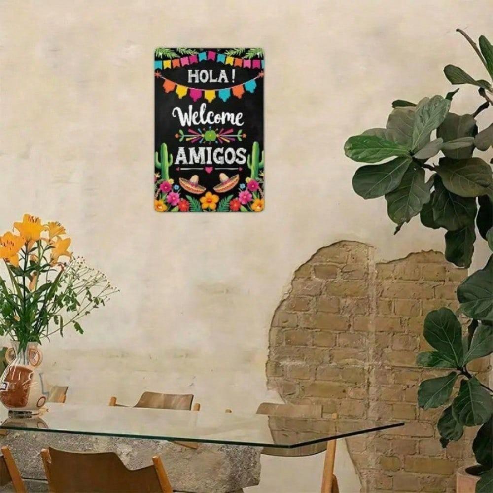 Hola Amigos Iron Wall Art Colorful Mexican Fiesta Welcome Sign Cactus Sombrero Decor Retro Home Cafe Party Hanging Plaque