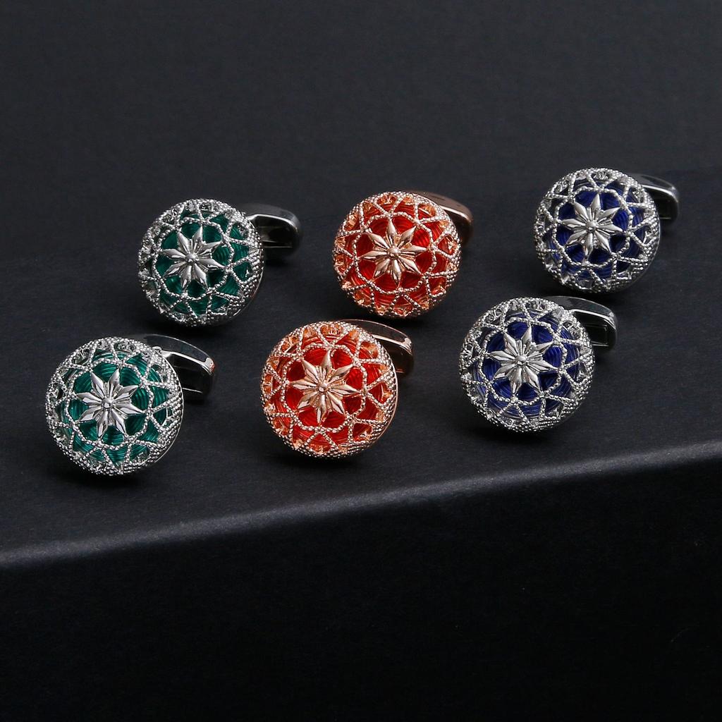 Spot wholesale exquisite creative hollow pattern design round 3 colors optional men's cufflinks, cross-border hot-selling jewelry