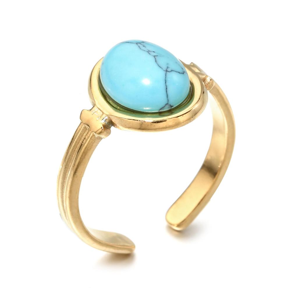 Bague ouverte ovale en pierre semi-précieuse – Bague tendance en acier titane résistant à la lumière pour femme