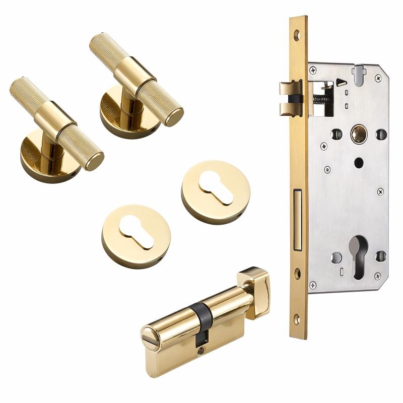 Dooroom Brass Door Lever Set Modern Knurled T-bar Interior Bedroom Bathroom Double Wood Door Lock Set Dummy Knob Hidden Door