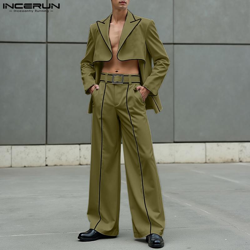 INCERUN Pánské dvoudílné outfity s dlouhým rukávem, asymetrické sako, dlouhé rovné kalhoty, sady