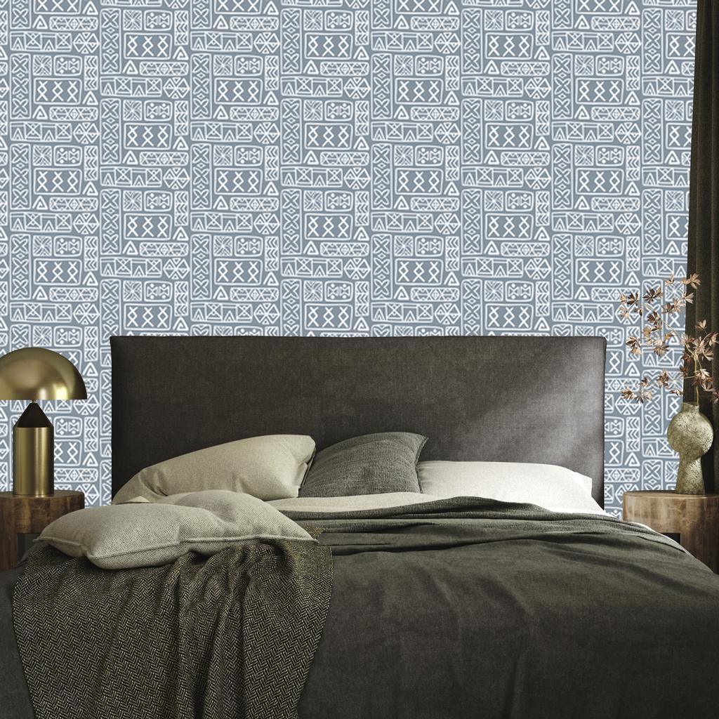 Polynesian Geometric Pattern Wallpaper Light Gray and Blue 50x1000