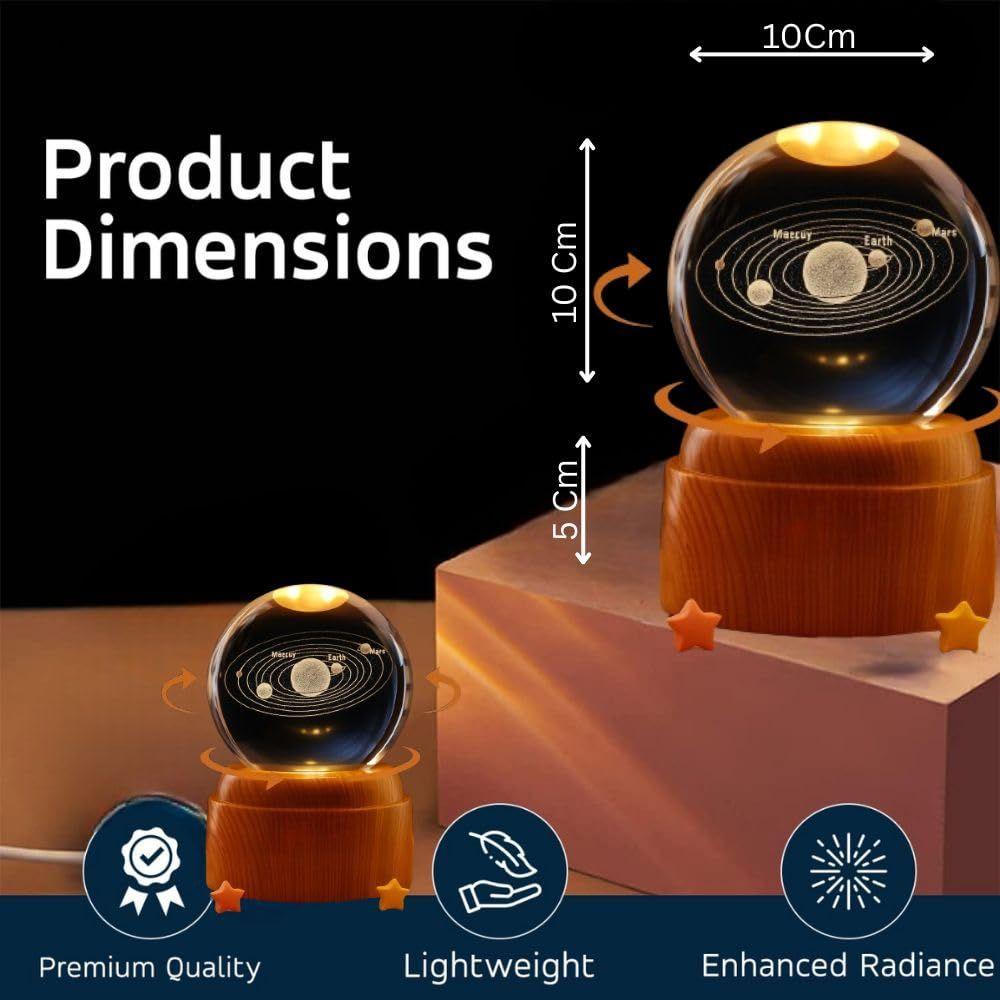 Kristallkugel Nachtlicht mit LED-Sockel | 3D Rotierender Sonnensystem Globus | Dekorative Ambientelampe für Schlafzimmer, Büro & Geschenke