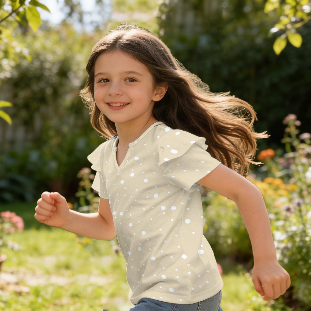 Girls V Neck Ruffle Sleeve Polka Dot Print Short Sleeve T Shirt Casual Blouse Lightweight Summer Top for Kids