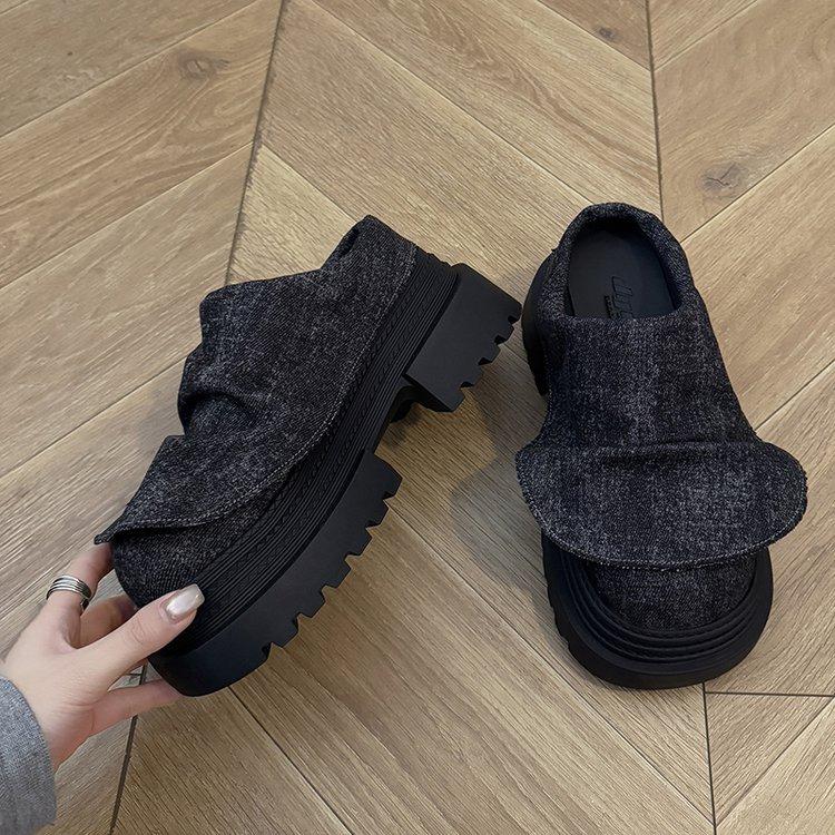 

Европейский вареный деним плиссированный оборчатый край сумка на большую голову голова полушлепанцы маленький человек 7см одна педаль женская обувь обувь 35