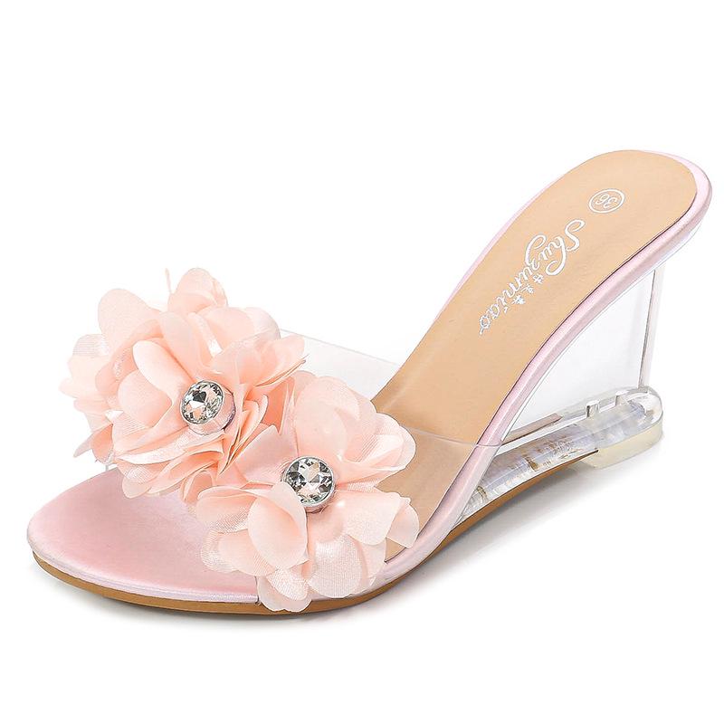Fashion 8cm High Heels Women Summer Fashion Flower Simple Wedge Sandals Transparent Heel Slippers, Comfortable Design for Casual shoes