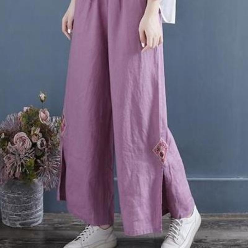 Literary Vintage Embroidered Solid Color Split Elastic Waist Casual Skirt Loose Tie Long Wide Leg Pants for Women