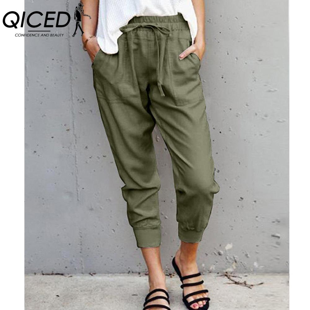 QICED Summer Women Loose Plus Size Solid Color Simple Lace Up Slim Casual Nine Point Slimming Trousers