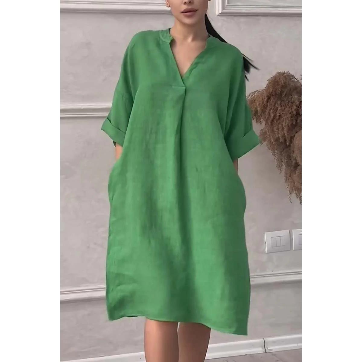 Women s Elegant Casual Solid Color V-neck Cotton Linen Long Dress S зелёный
