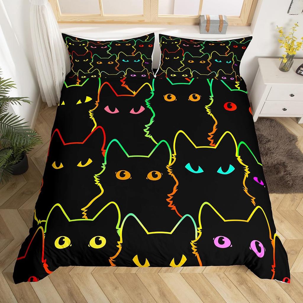 Black Cat Duvet Cover Set Gradient Line Cute Animal Bedding Set with Pillowcase Teens Kids Adults Room Decor Queen Duvet Covers