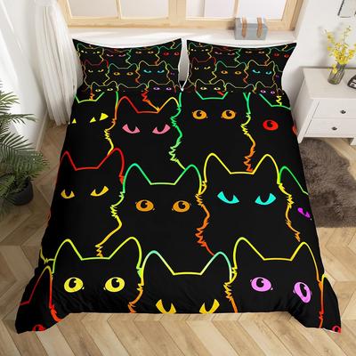 Black Cat Duvet Cover Set Gradient Line Cute Animal Bedding Set With Pillowcase Teens Kids Adults Room Decor Queen Duvet Covers