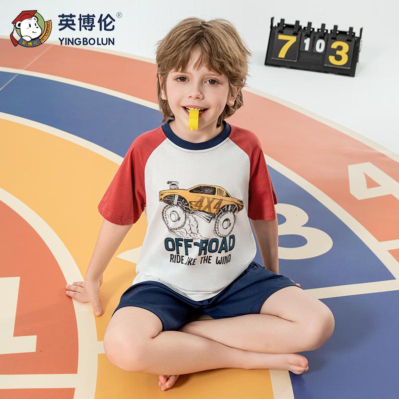 Yingbolun Children's Pajamas Summer Thin Boys' Pure Cotton Home Clothes Medium and Small Boys' Cotton Short Sleeve Set