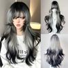 Halloween Long Body Wave Wigs Air Bangs Lolita Cosplay Wigs Black and Gray Gradient Wigs for Women