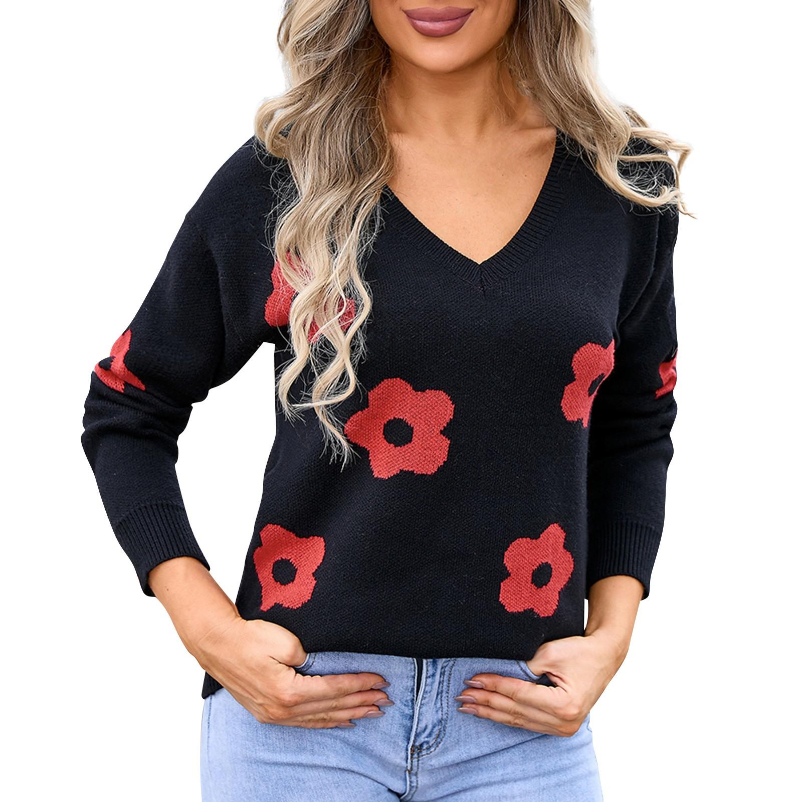 

Женский повседневный модный удобный пуловер с v-образным вырезом контрастного цвета с цветочным принтом и длинным рукавом уличный тренд вязаный свитер S чёрный