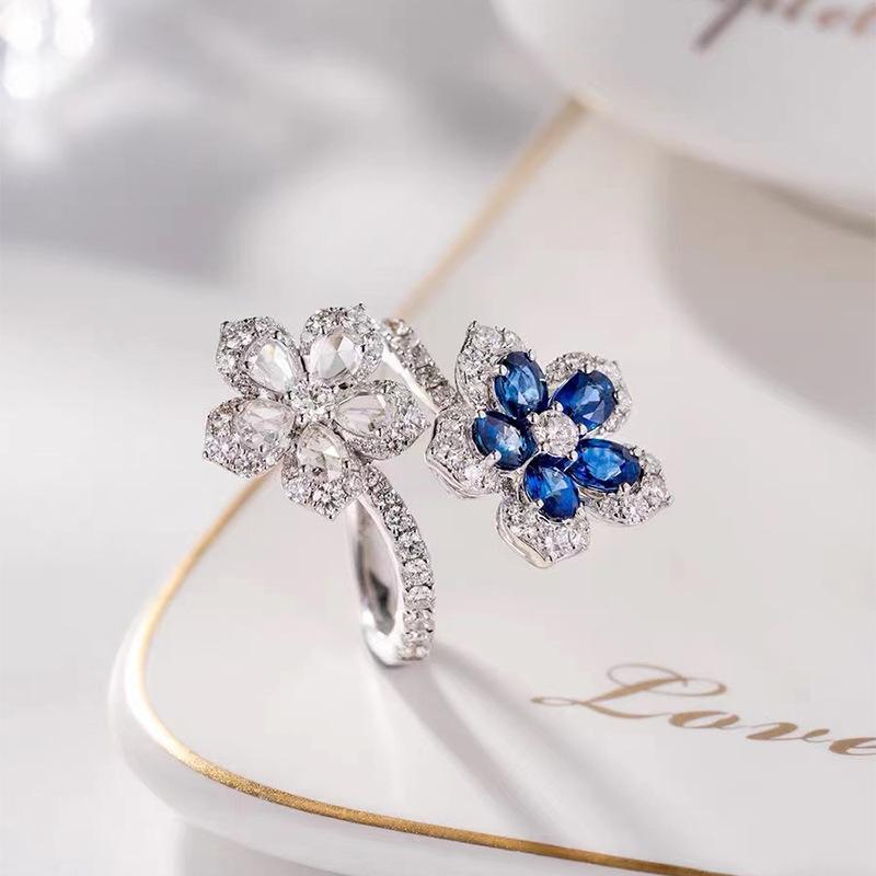 2023 Korean Fashion Temperament Blue Crystal Twisted Leaves Flowers Ring for Women  Sterling Silver  Party Ring