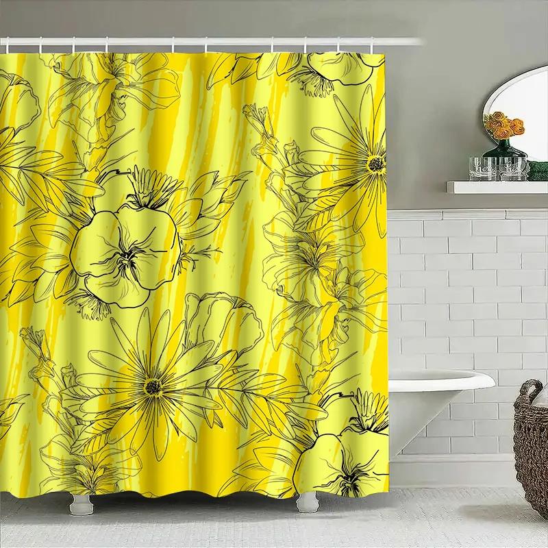 Hand-Drawn Floral Shower Curtain Yellow Color With Black Flowers For Bathroom Decoration Waterproof Fabric Material