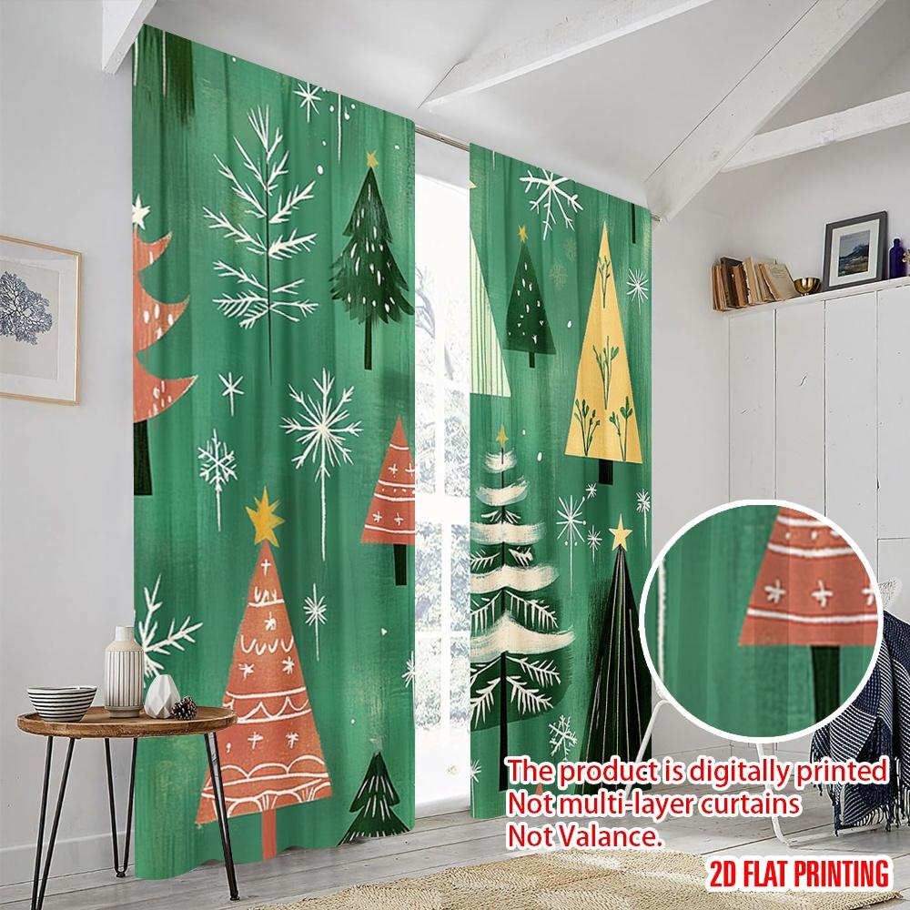 2pcs,2D Plane Printing Curtain Popular Festive Green Christmas Trees Snowflakes Polyester Woven (without Rod) Decorations