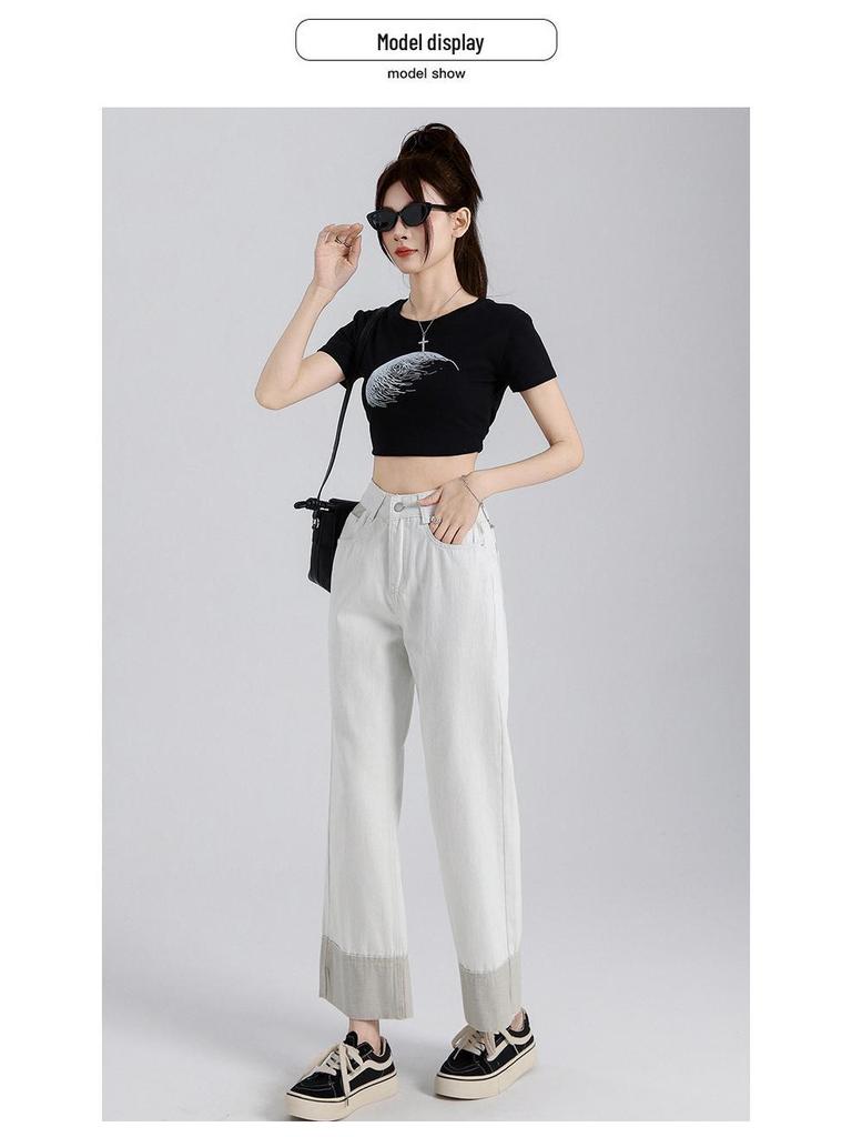 Rolled Cuff Contrast Wide-Leg Petite Jeans - Women's Spring/Summer Grandma Style, Loose Fit, 7/8 Length.