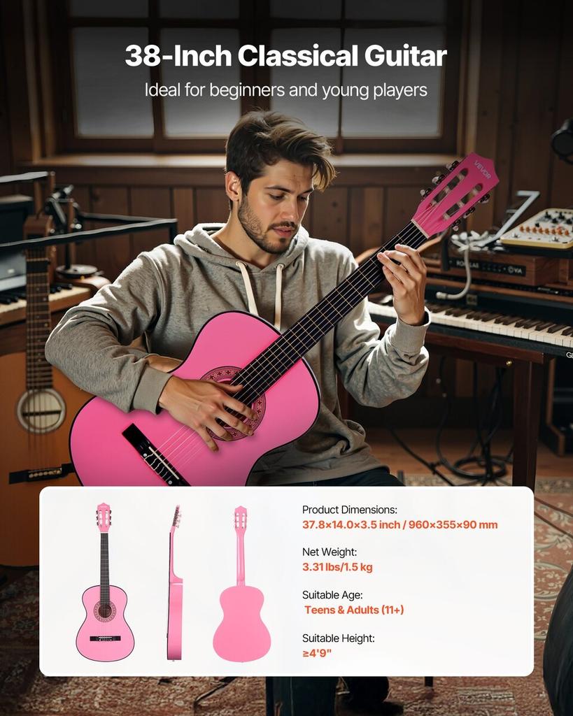 Classical Guitar, 960 mm, Wood Classical Guitar Starter Kit for Beginners, with Nylon Strings, Gig Bag, Strap, Tuner, Extra Strings, Picks, Capo,
