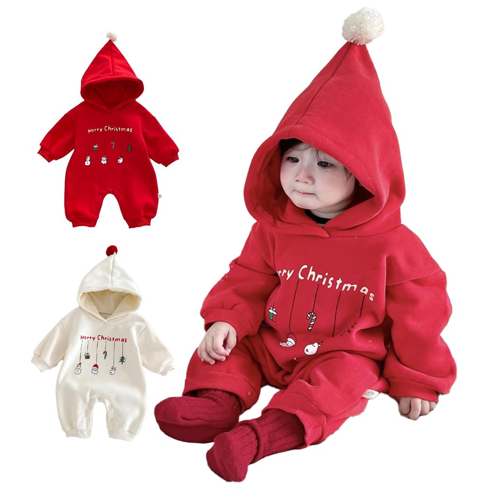 COCOMIYA Christmas Cosplay Baby Santa Romper Loungewear with Perfect for Costume Christmas and Everyday A Great Warm Coverall Pom-Poms, Parties,