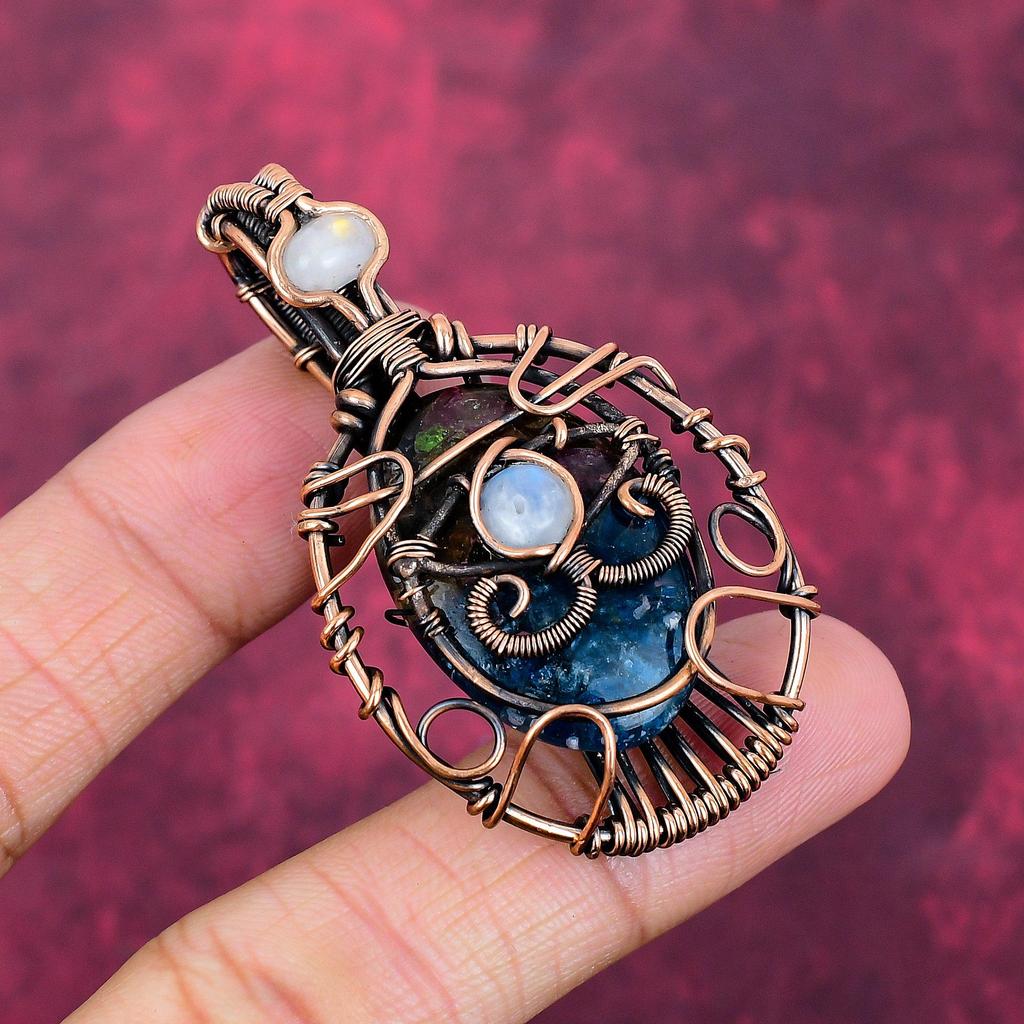 Evil Eye Copper Watermelon Tourmaline Pendant Copper Wire Wrapped Dainty Jewelry