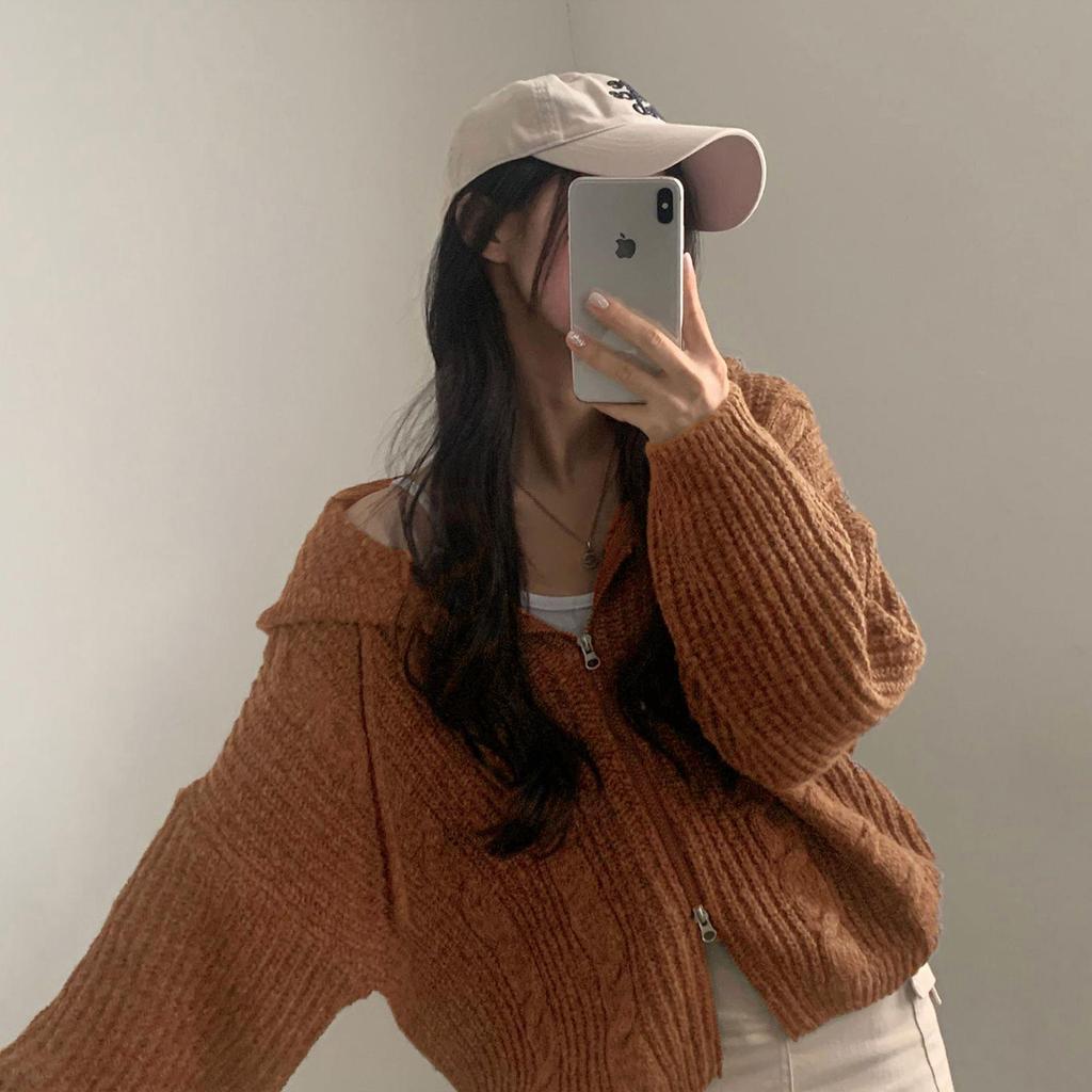 Women's Korean Style Double Zipper Hooded Cardigan – Long Sleeve, Loose Knit Sweater for Autumn/Winter
