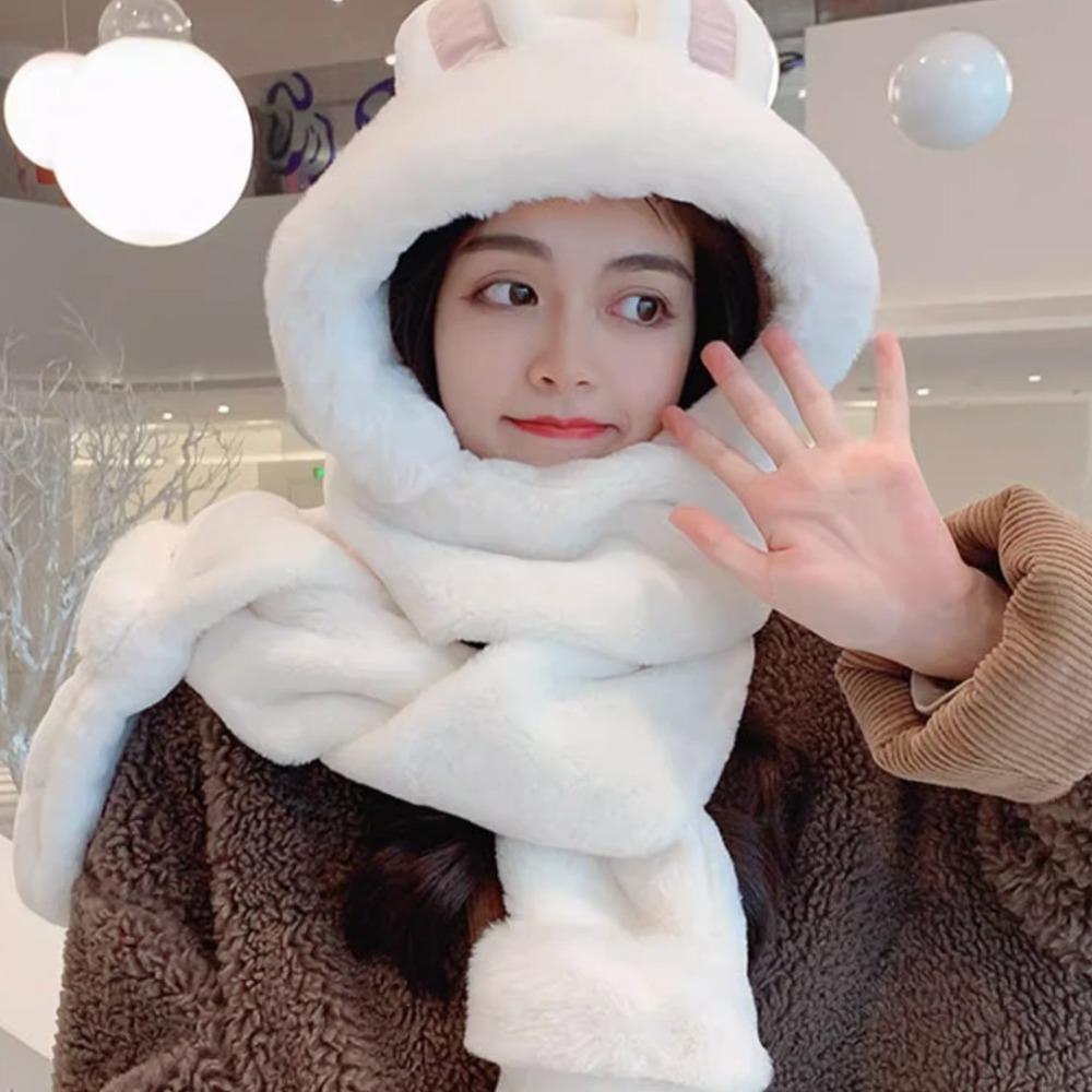 Windproof Integrated Cap Scarf Gloves Soft Plush Neck Warmer Winter Beanie Hat Scarf  for Women