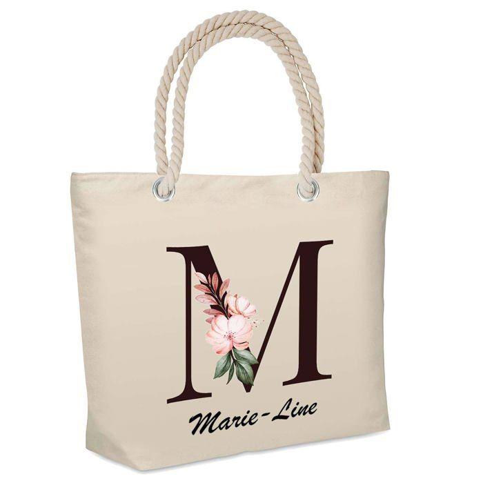 Sac de plage - PLANETEE - Marie-Line isotherme Lettre Fleur - Coton naturel - Imprimé en France - Grande contenance