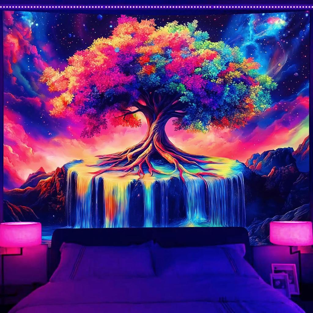 Simpkeely Tree of Life Blacklight Tapestry UV Reactive Colorful Waterfall Tapestry Galaxy Space Starry Sky Wall Tapestries Hanging for Bedroom -