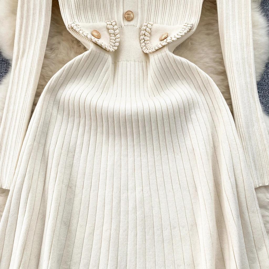 Strikket kjole Kvinner Høst og Vinter Ny High Sense Elegant midje Klem Slanking Temperament Lapel Genser Kjole