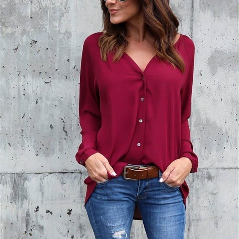 Premium Quality Spring Fashion V Collar Fold Button Long-sleeved Loose Chiffon Shirt In 8 Stunning Colors