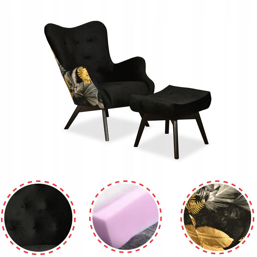 Fotel z pufą skandynawski uszak Luna Print Duo podnóżkiem Family meble czarny