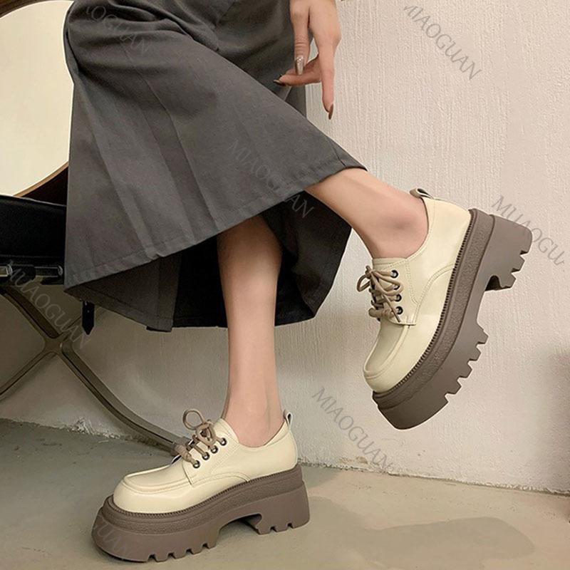 Fashion Women Spring Autumn Thick Bottom Leather Pumps Retro Round Head Lace Up Mary Janes Shoes Middle Heel Casual Loafers for Women