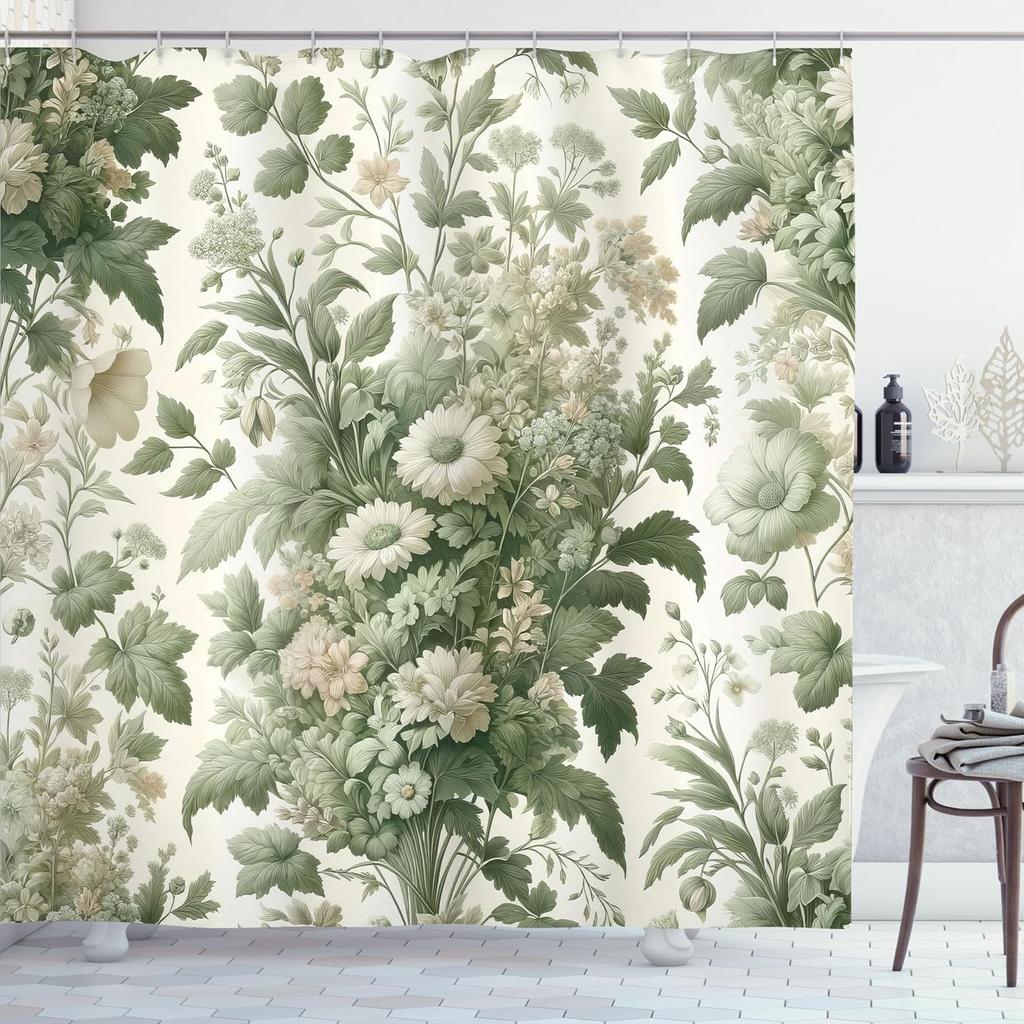 Green Shower Curtain, Retro Jungle Flowers Huddle With Leaves Nostalgia Colors Farmhouse Boho, Cloth Fabric Bathroom D