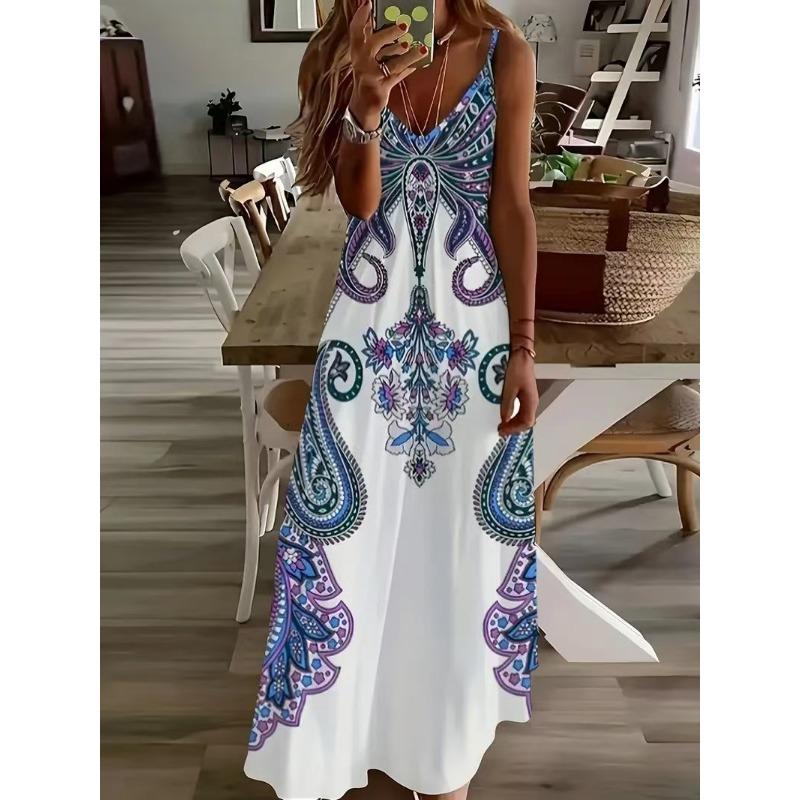Women V Neck Sleeveless Floral Print Vintage Long A Line Dress