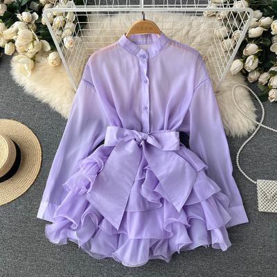 Spring Chiffon French Elegant Blouses for Women Autumn Long Sleeve O-neck Pink Femme Long Shirt Tops Ruffles