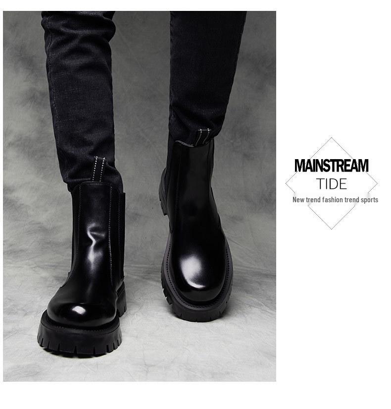 Men's Black British-Style Chelsea Boots: Soft Leather, High Top, Thick Sole, Motorcycle Workwear