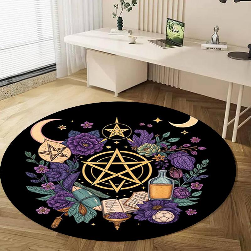 Floral Moon Phase Circular Rug - Office Decorative Carpet For Living Room Bedroom Door Mat Floor Rug Computer Chair Area Rug