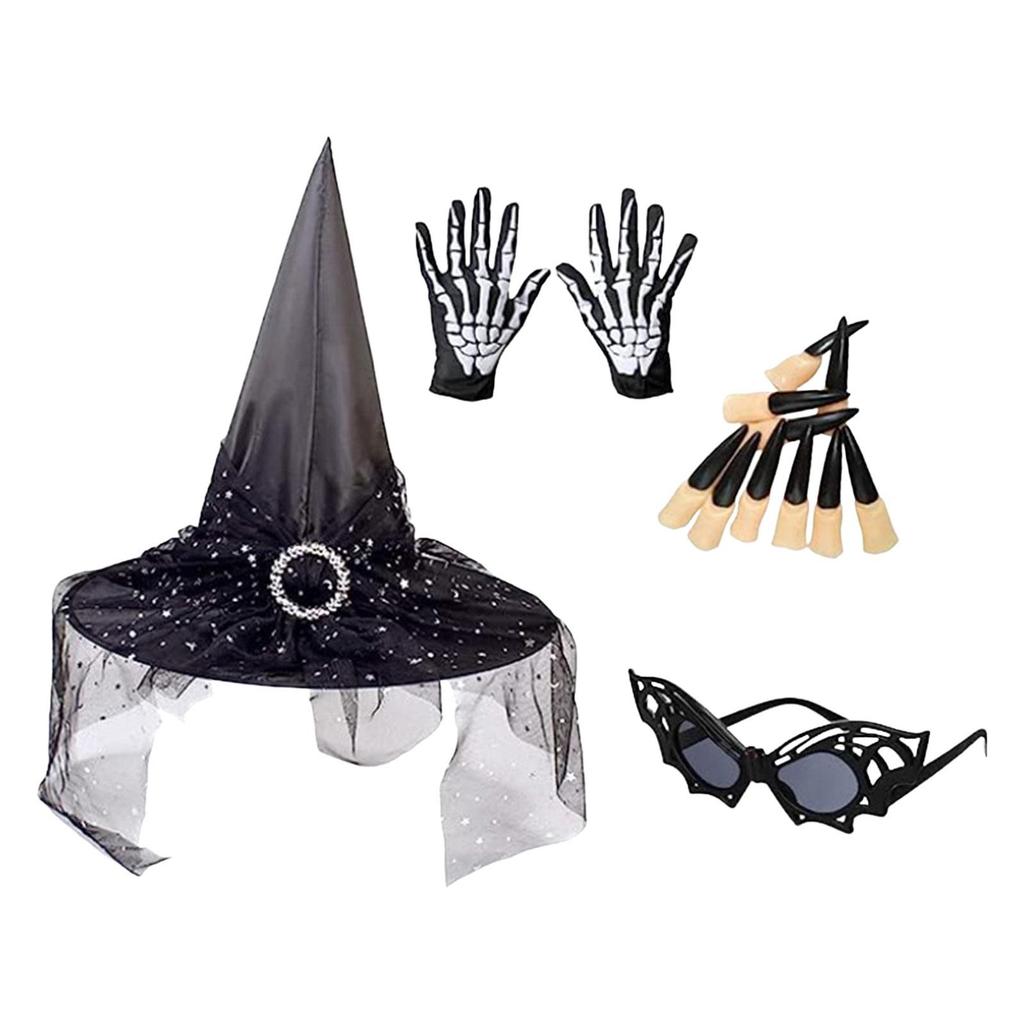 Halloween Witch Hat Pointed Adult Fancy Dress Oxford Cloth Modern Witches with Gauze Wizard