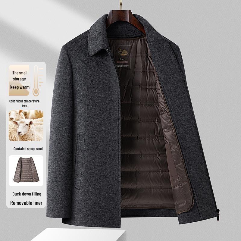 Men's Luxurious Double-Faced Wool Jacket with Lapel and Detachable Down Liner, Ideal for Business Executives.