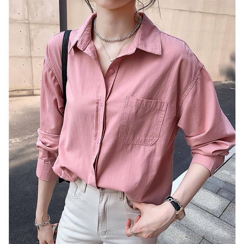 

Женская рубашка Весна и Осень Свободная Большого размера С длинным рукавом Базовая рубашка XXL розовый