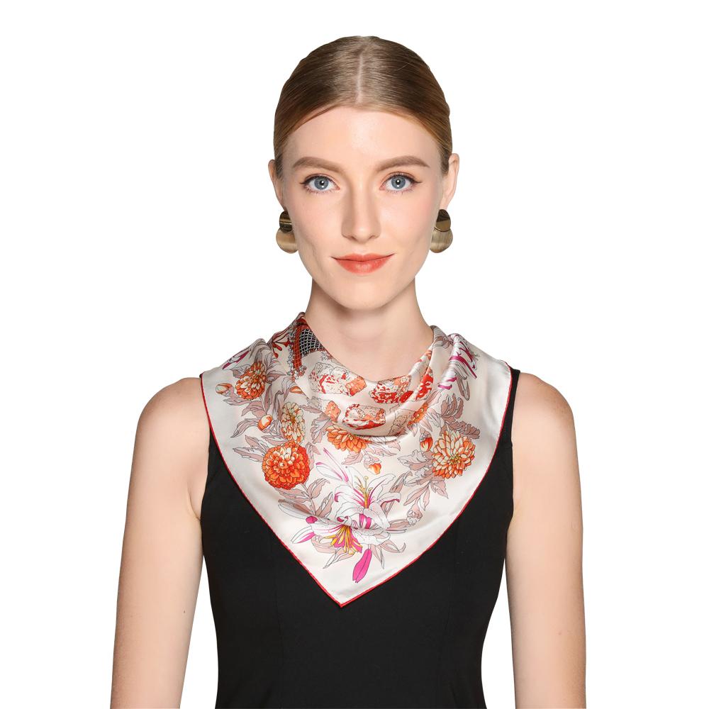 In Stock Silk Square Scarf Women Silk Digital Print серый