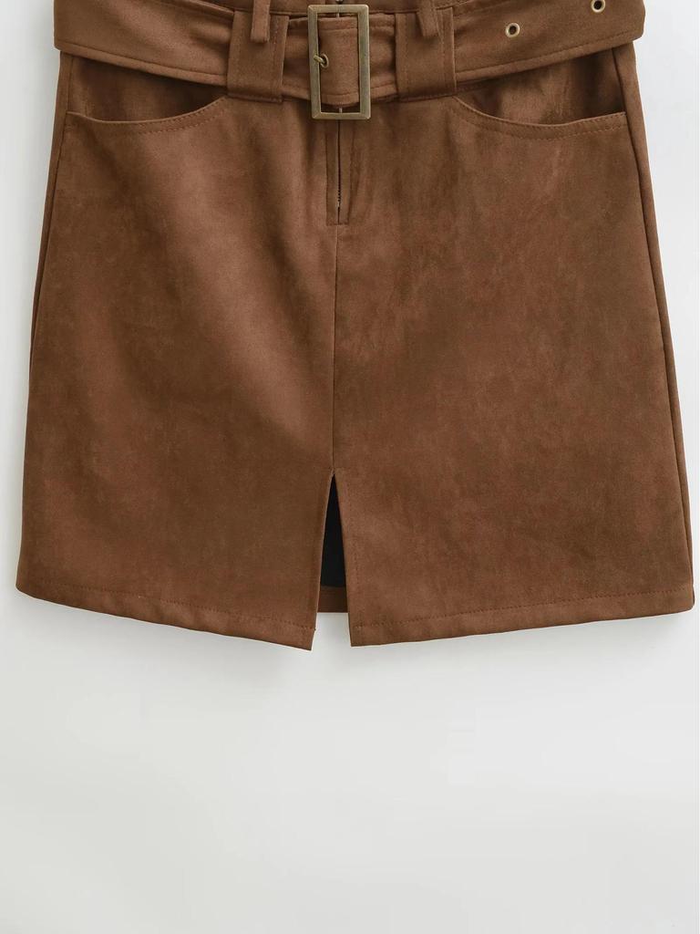 Women's Suede Plush Belted Pencil Skirt - Autumn/Winter Collection