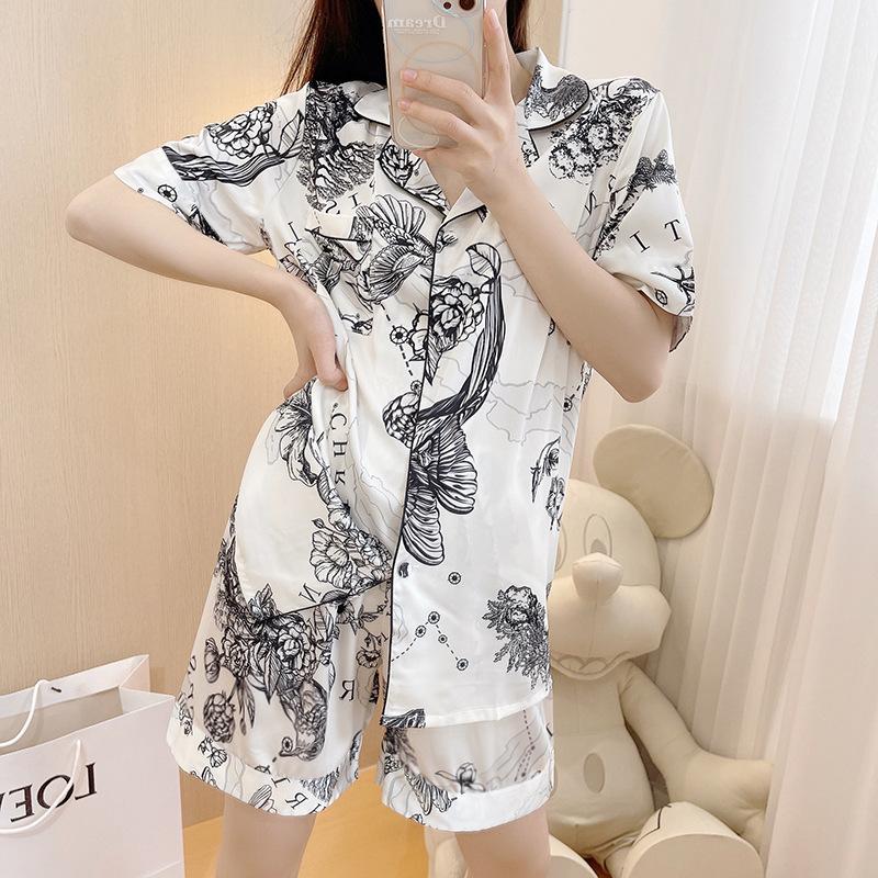 Pajamas Women'S Short-Sleeved Shorts Lapel Cardigan Cool Ice Silk Loungewear Antique Ink Painting Two-Piece Set