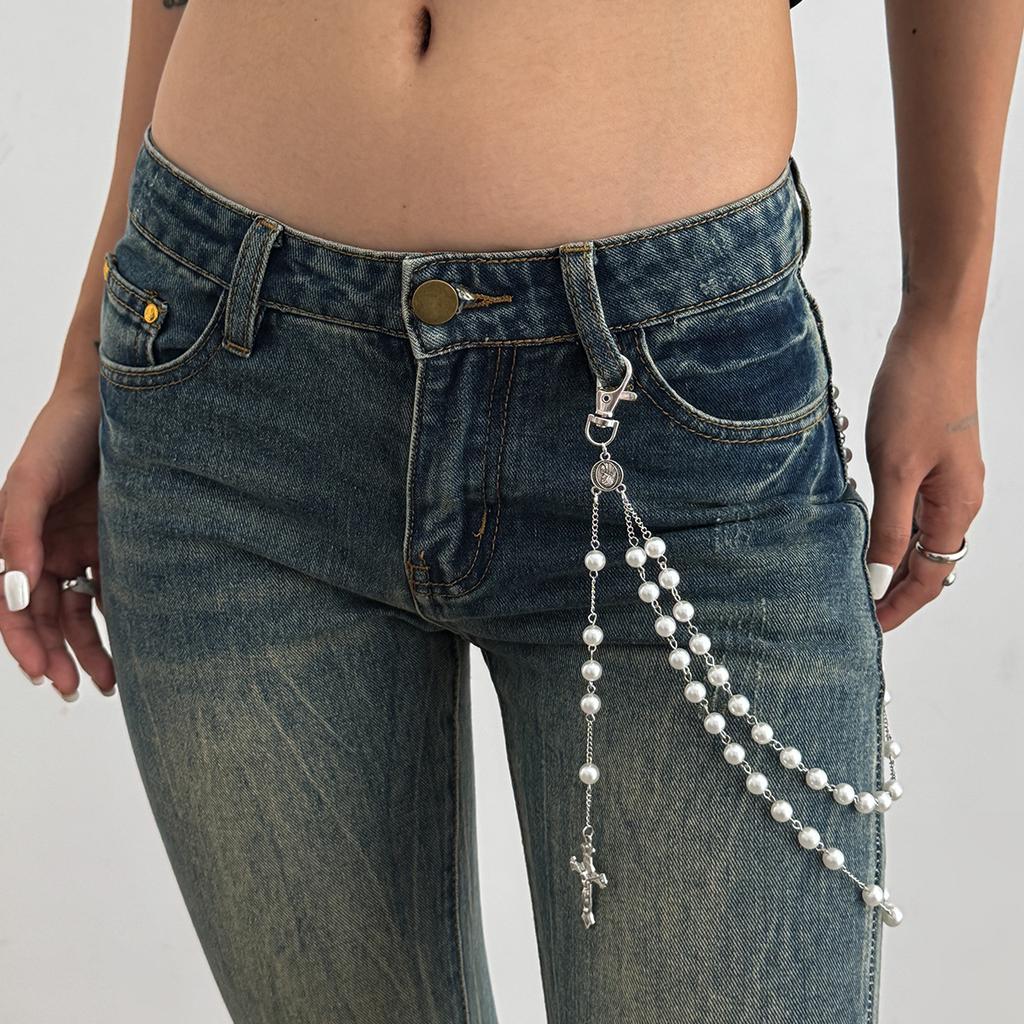 Hip-Hop-Style Kreuzanhänger an Jeanskette, modische Hosenkette mit Kunstperlen, Unisex-Streetwear-Statement-Accessoire für Damen und Herren