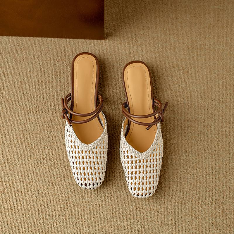 Krazing Pot Microfiber Mules Weaving Summer Size 41 Low Heels Slingback Party Shoes Women Square Toe Gladiator Hollow Out Pumps